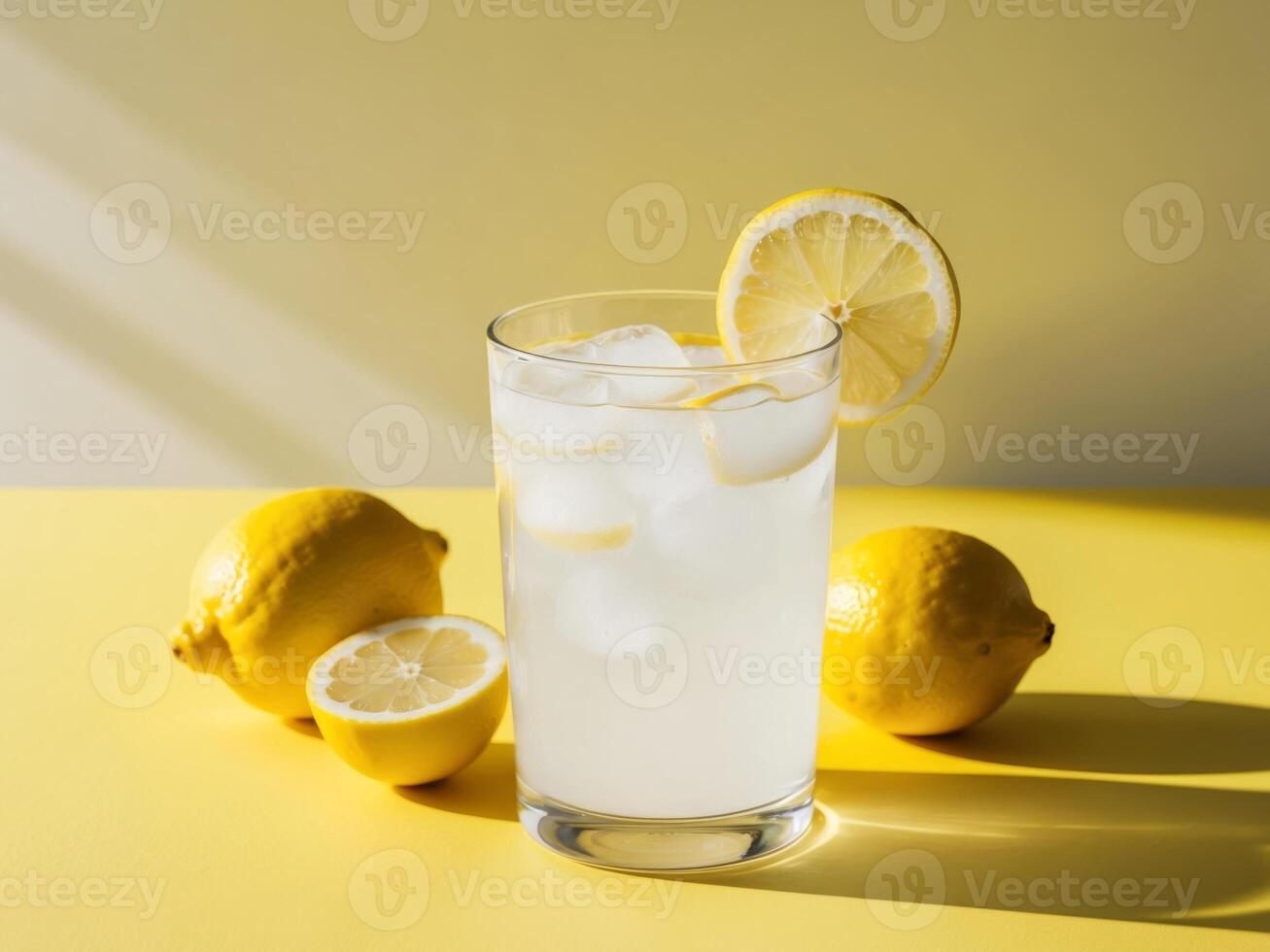 A glass of lemonade with lemons on a yellow background photo