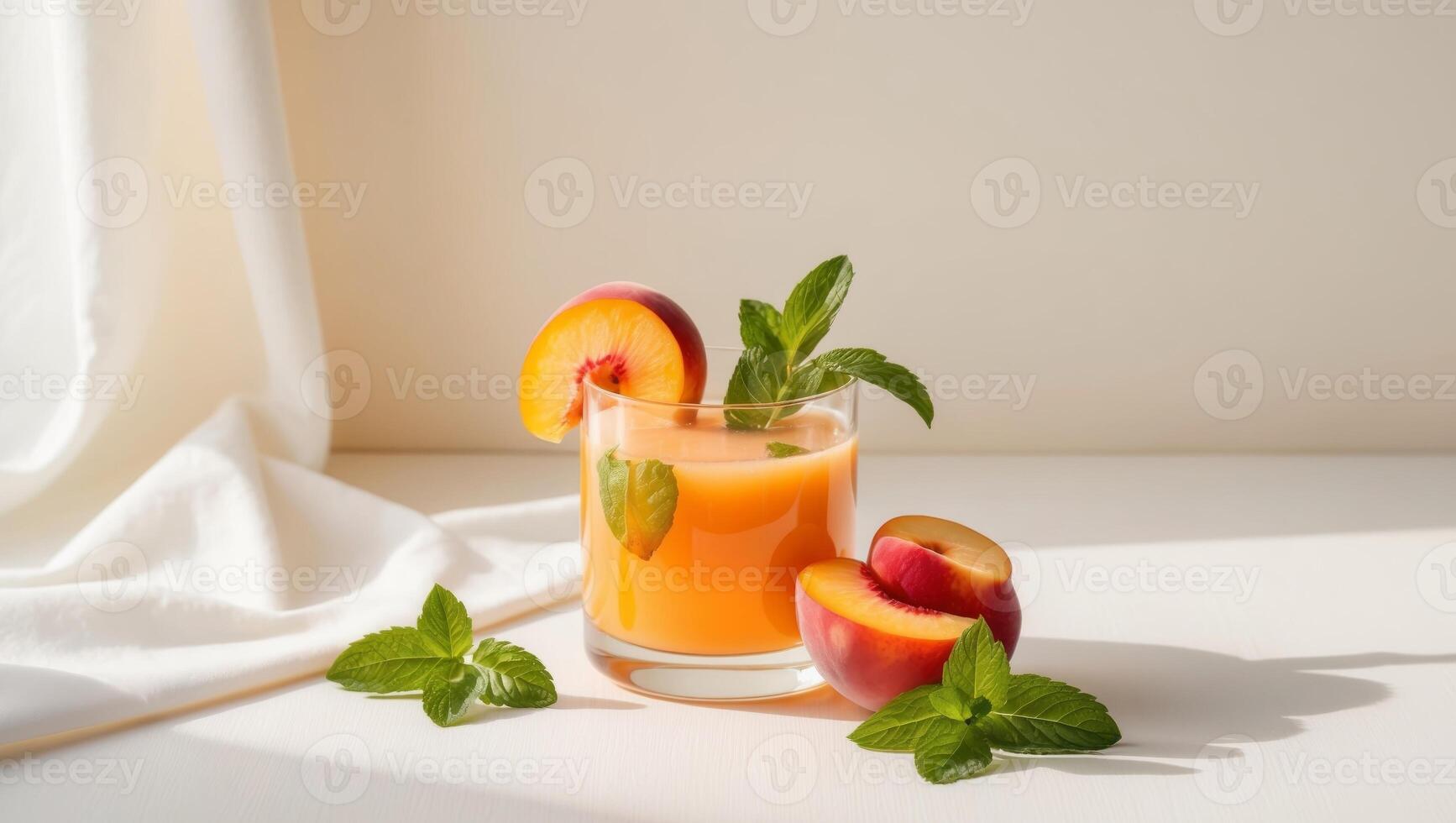 A glass of peach juice with mint leaves and sliced peaches photo