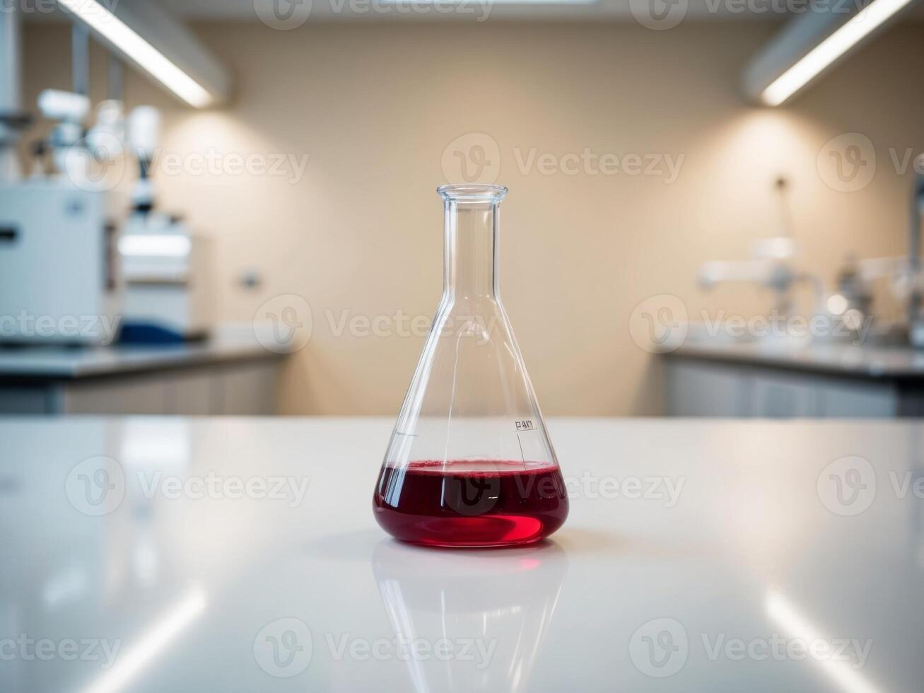 A flask with red liquid sitting on a table photo