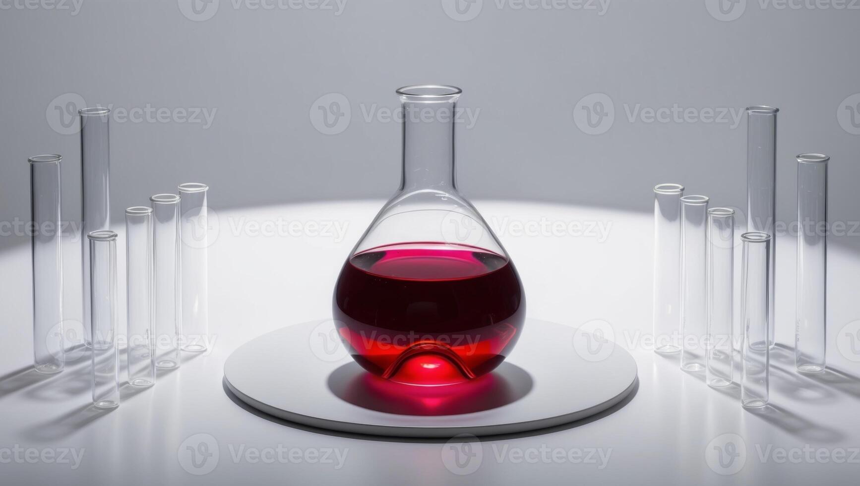 A glass bottle with red liquid sitting on a table photo