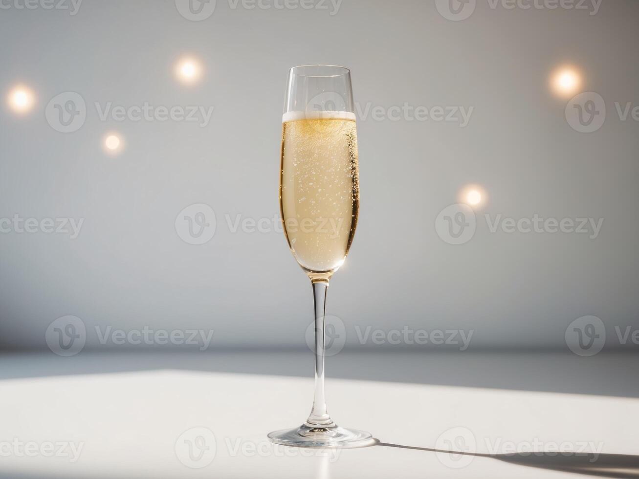 A glass of champagne on a table with a light behind it photo