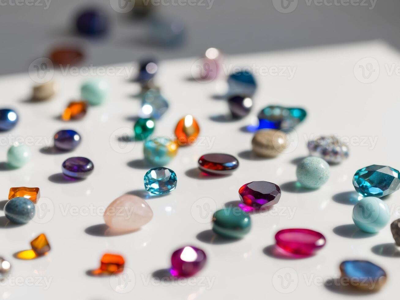A variety of colorful gemstones are scattered on a table photo