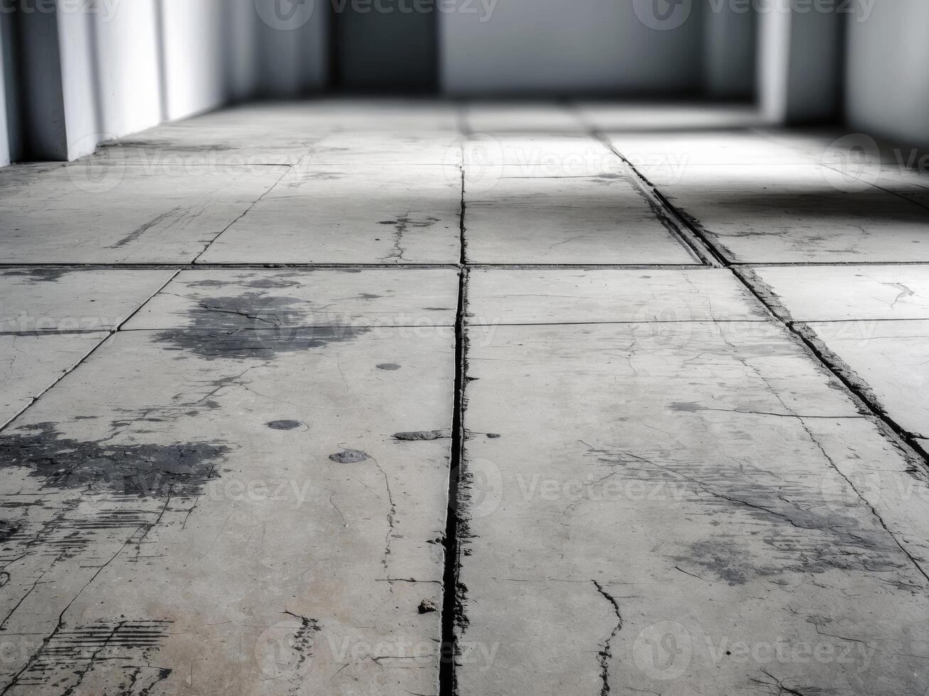 An empty room with concrete flooring and a light photo