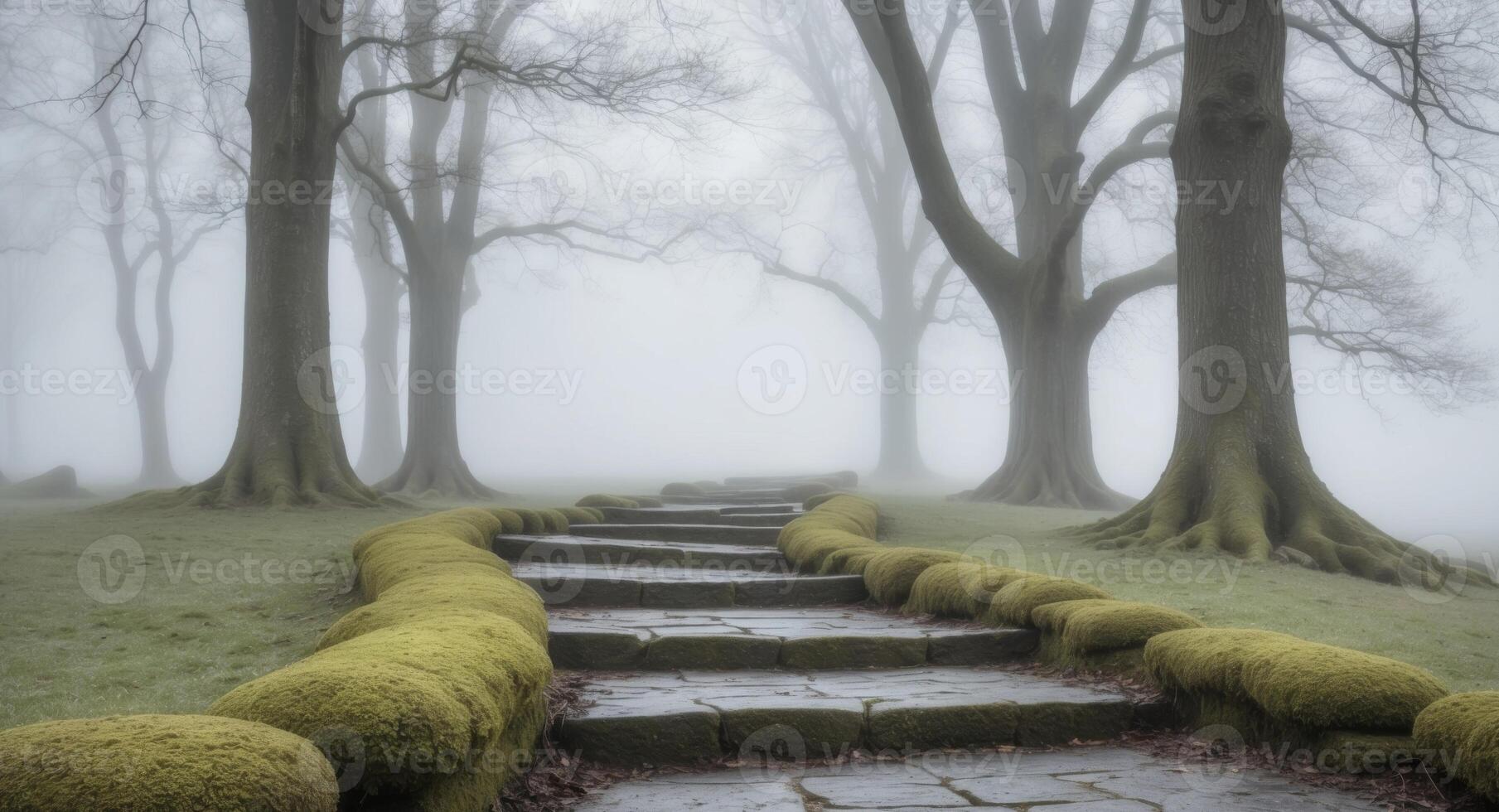 A path in the fog with mossy stones photo