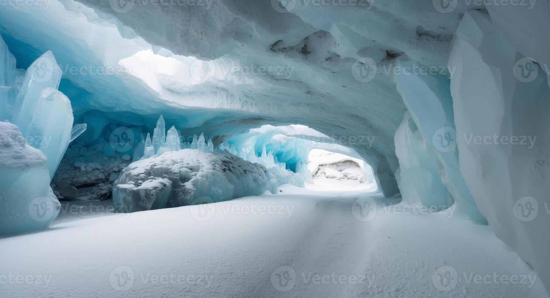 An ice cave with blue ice formations on the ground photo