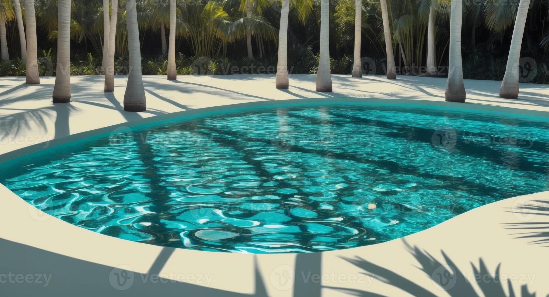 A pool surrounded by palm trees in the middle of a tropical landscape photo