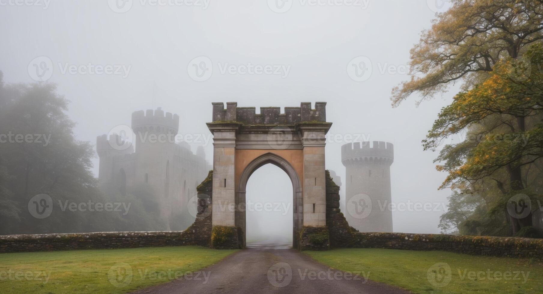 A foggy gate leading to a castle in the middle of a field photo