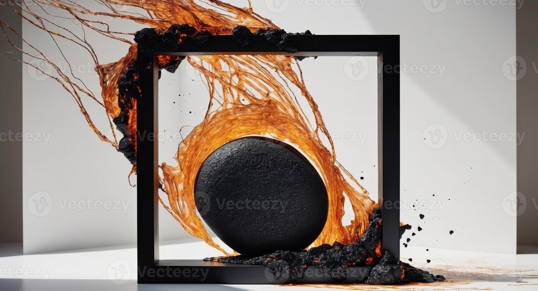 A black stone is sitting in a frame with orange liquid photo
