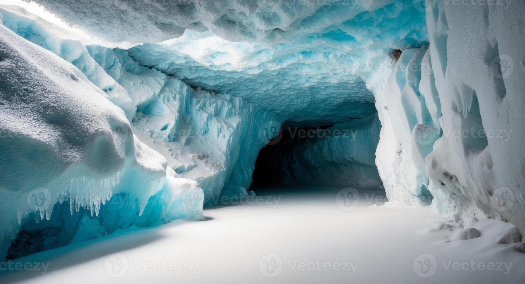 An ice cave with blue water and snow photo
