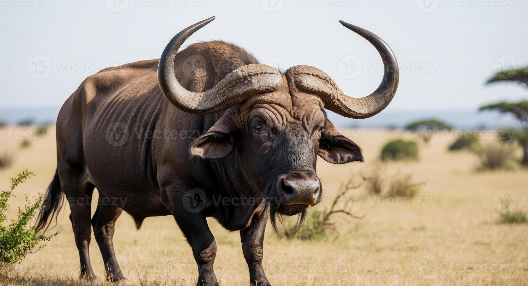 A large buffalo with large horns standing in the grass photo