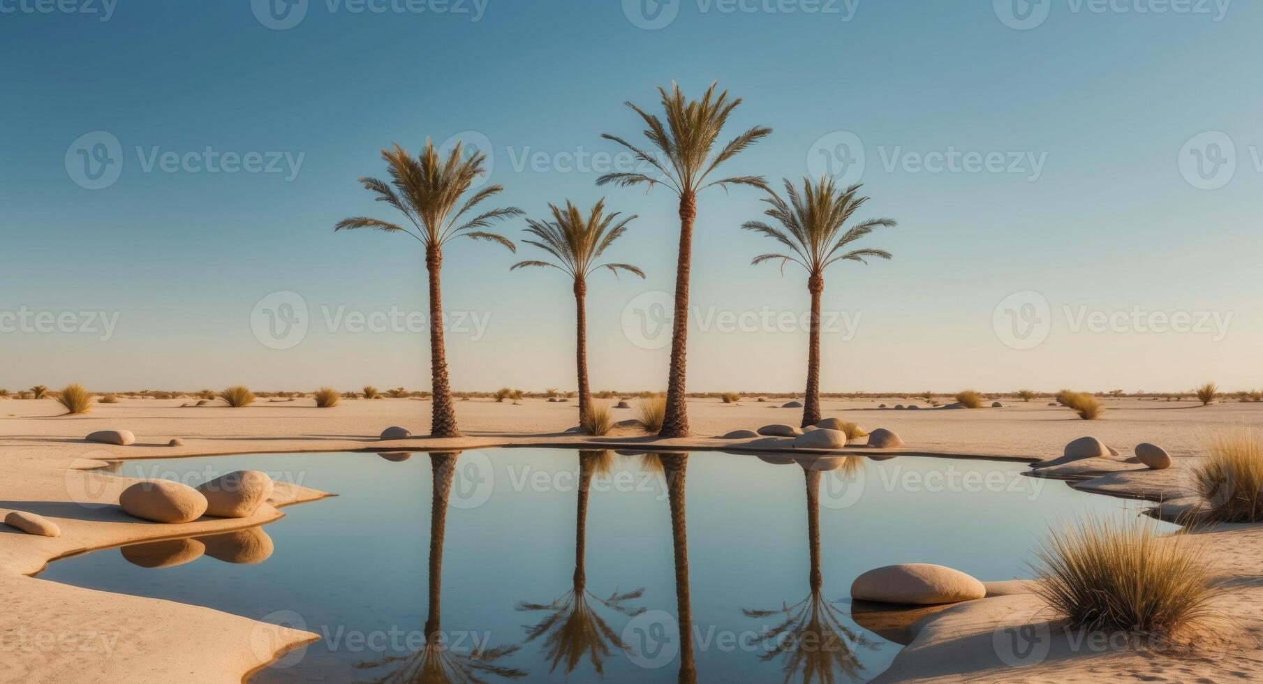 Palm trees in the desert with water in the middle photo