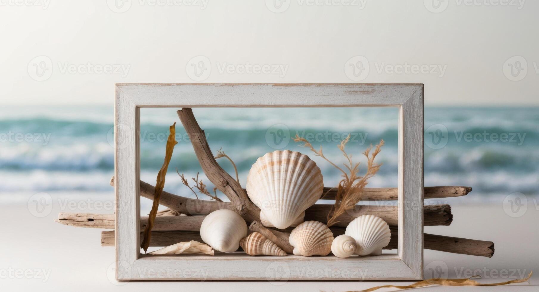 Shells and driftwood in a frame on a white background photo
