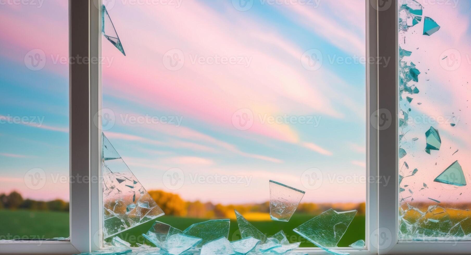 Broken window with shattered glass and sky photo