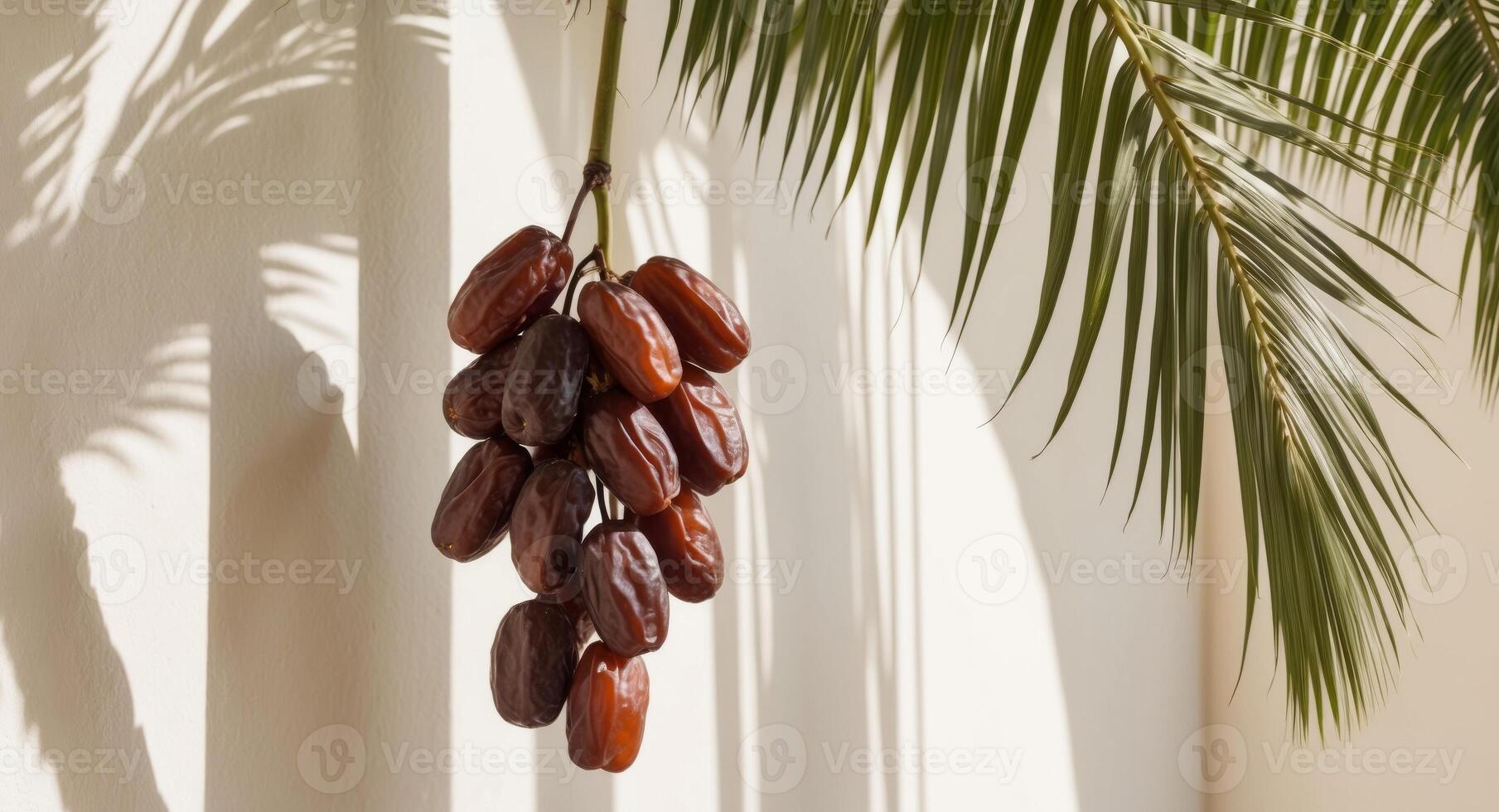 Dates hanging from a palm tree photo