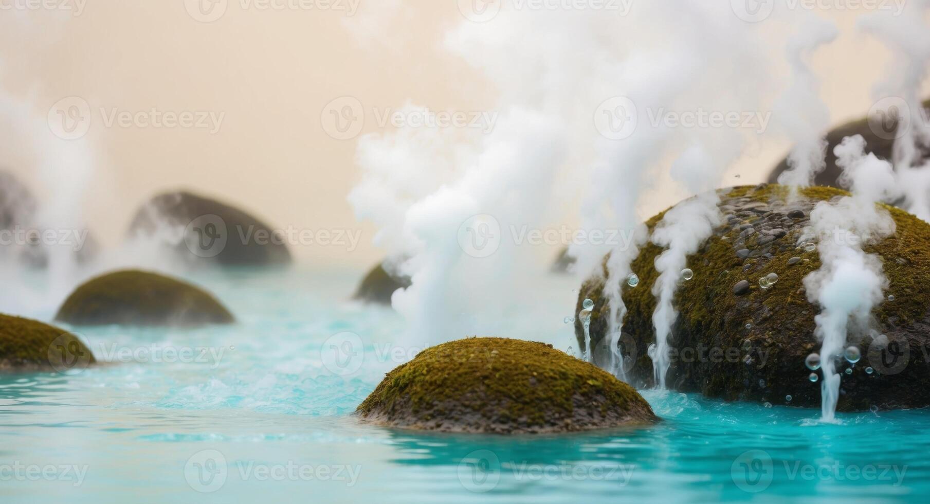Water spouting from rocks in a blue pool photo