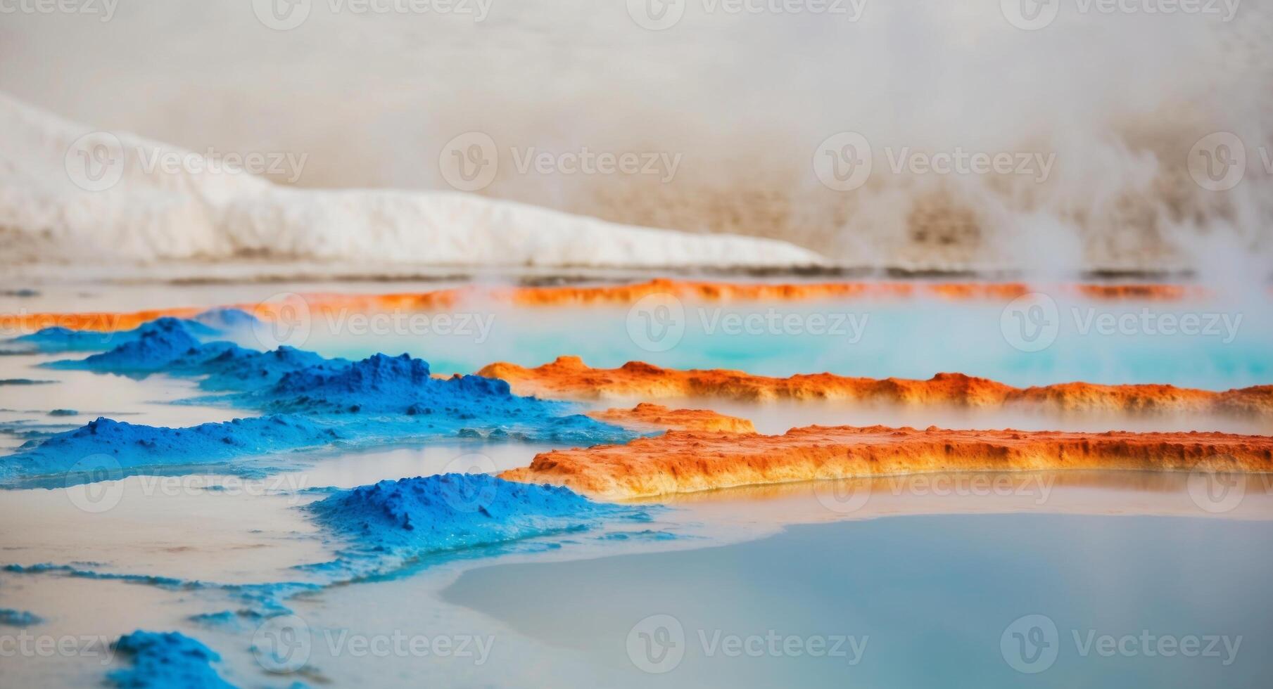 Colorful water and steam coming out of a hot spring photo
