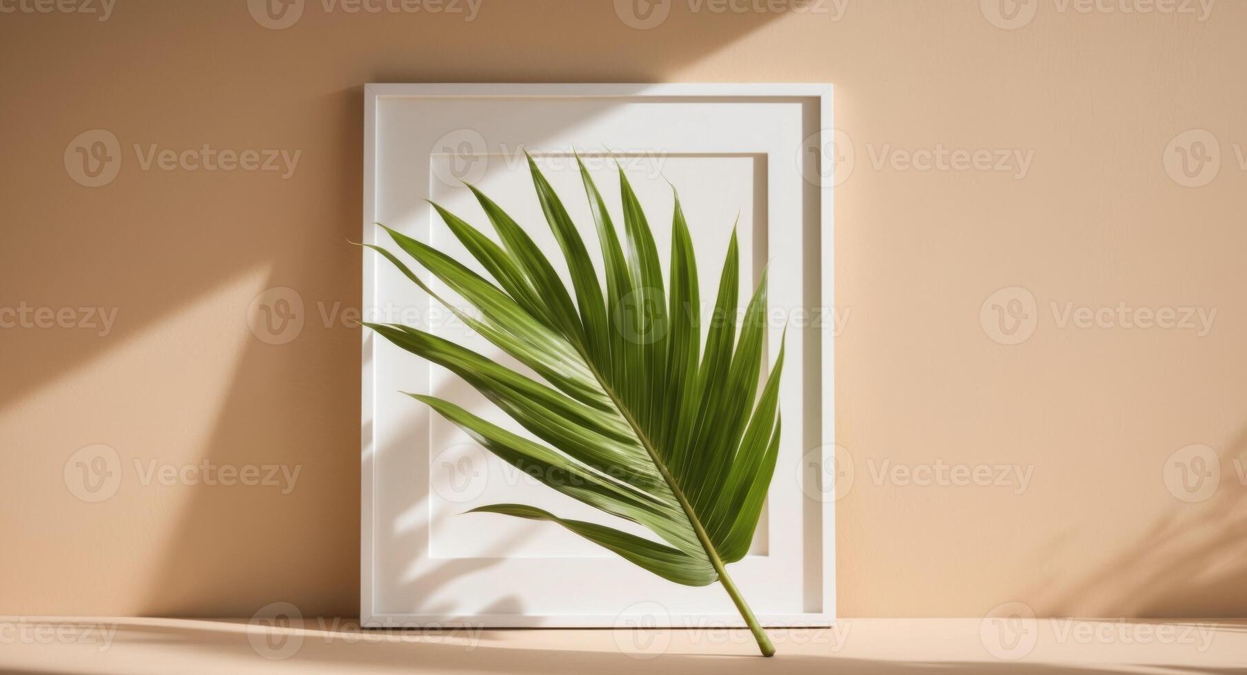 A palm leaf is sitting on a table next to a white door photo