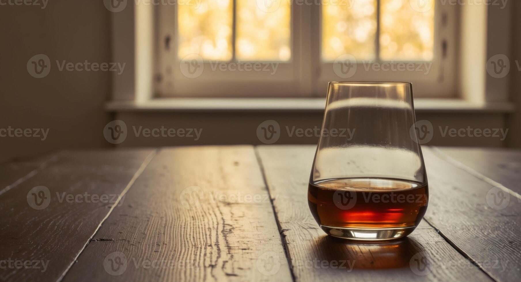 A glass of whiskey sitting on a table in front of a window photo