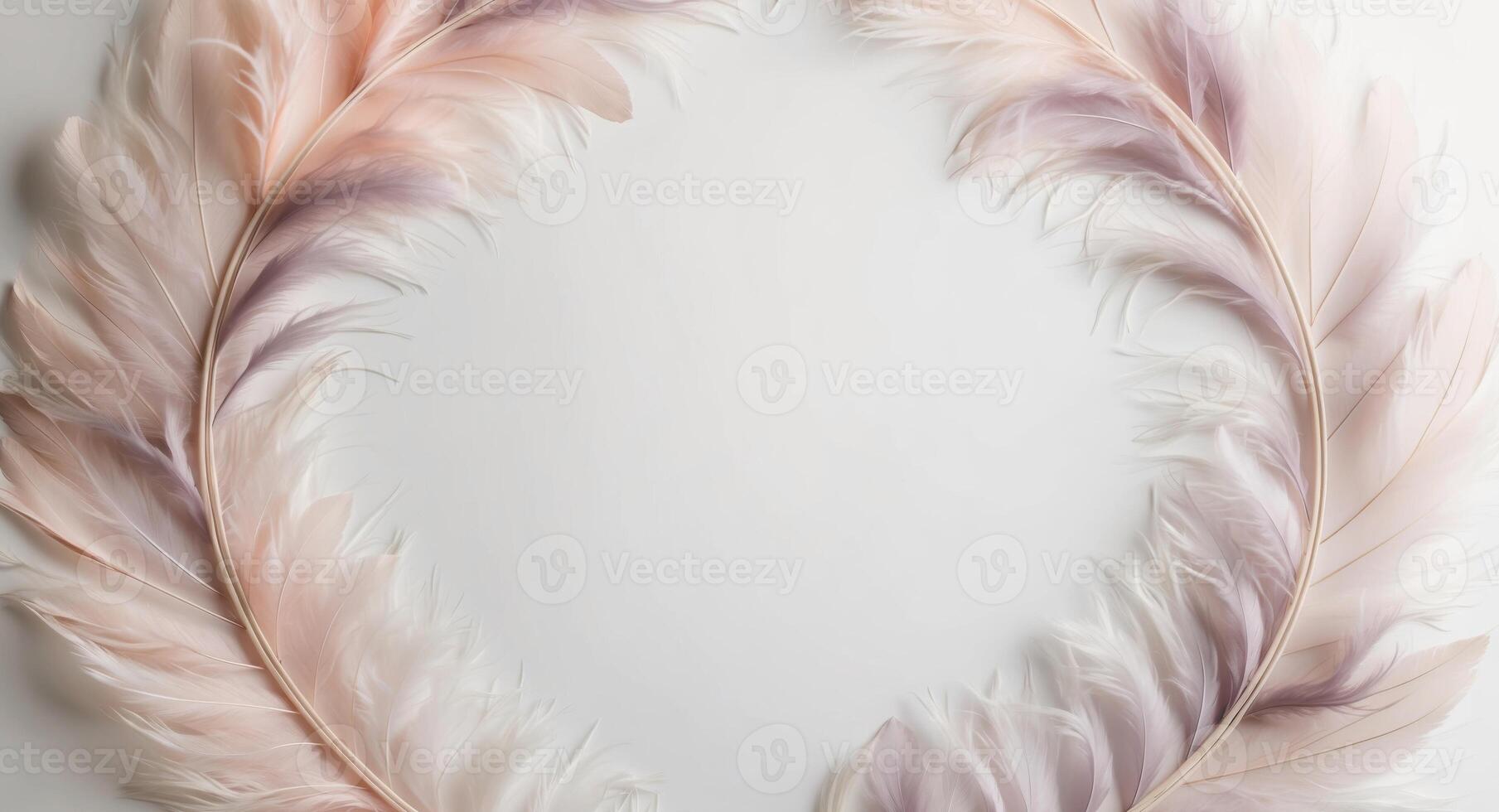 A wreath of pink and purple feathers on a white background photo