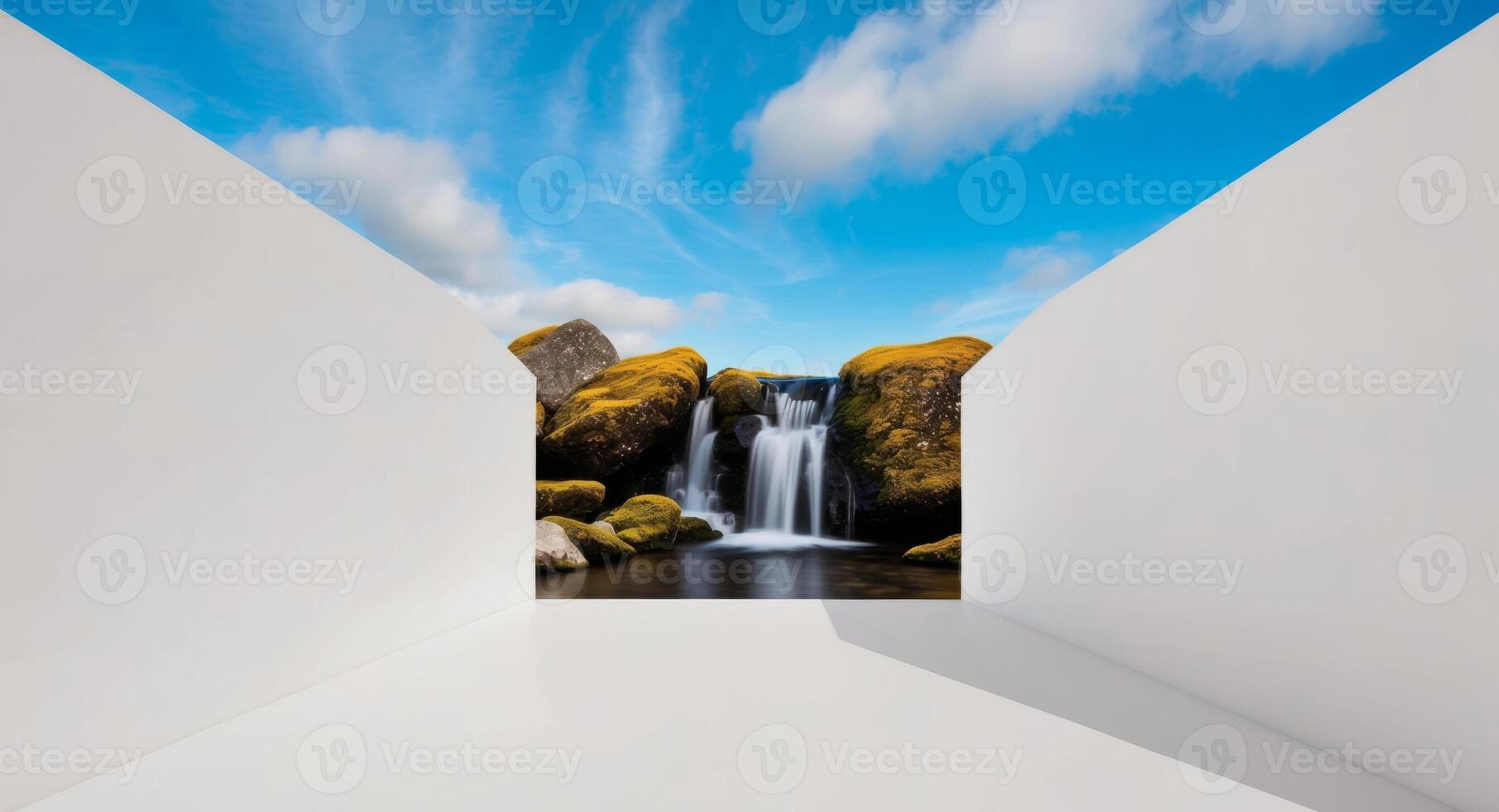A white room with a waterfall in the middle photo