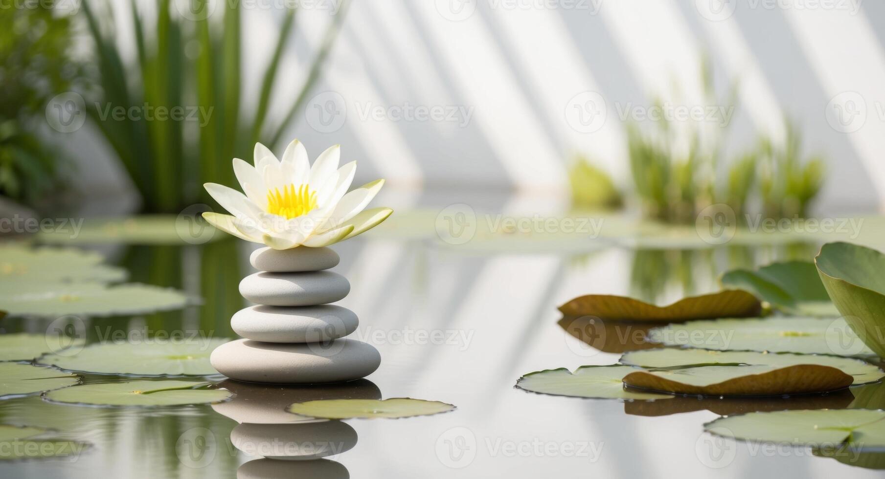 White lotus flower in pond with stones and water lily photo