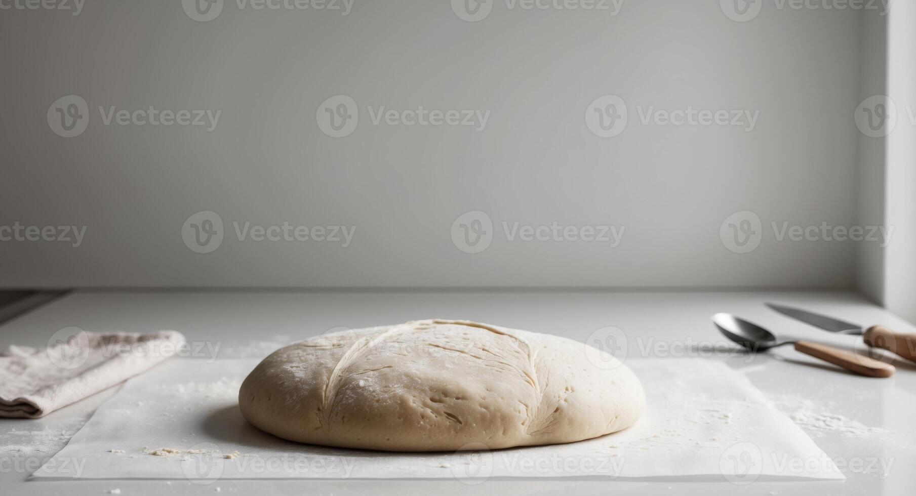 A dough ball sits on a white counter photo