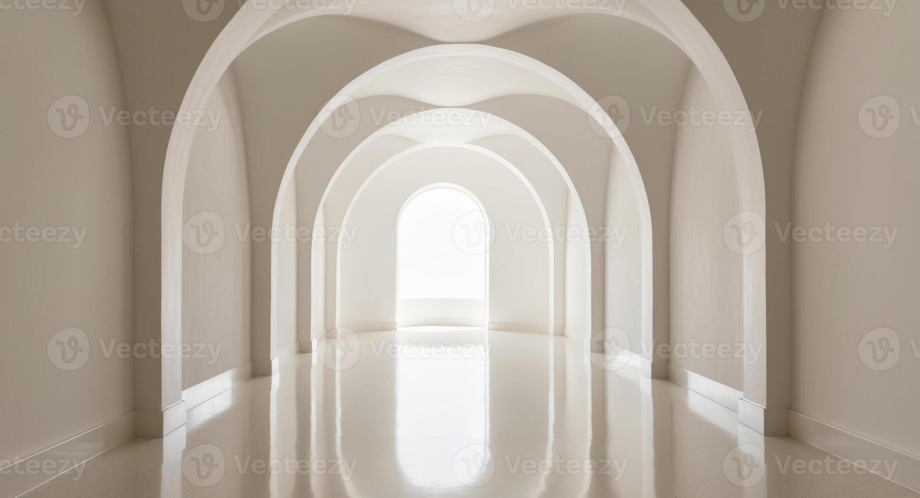 A long white hallway with arches and a window photo
