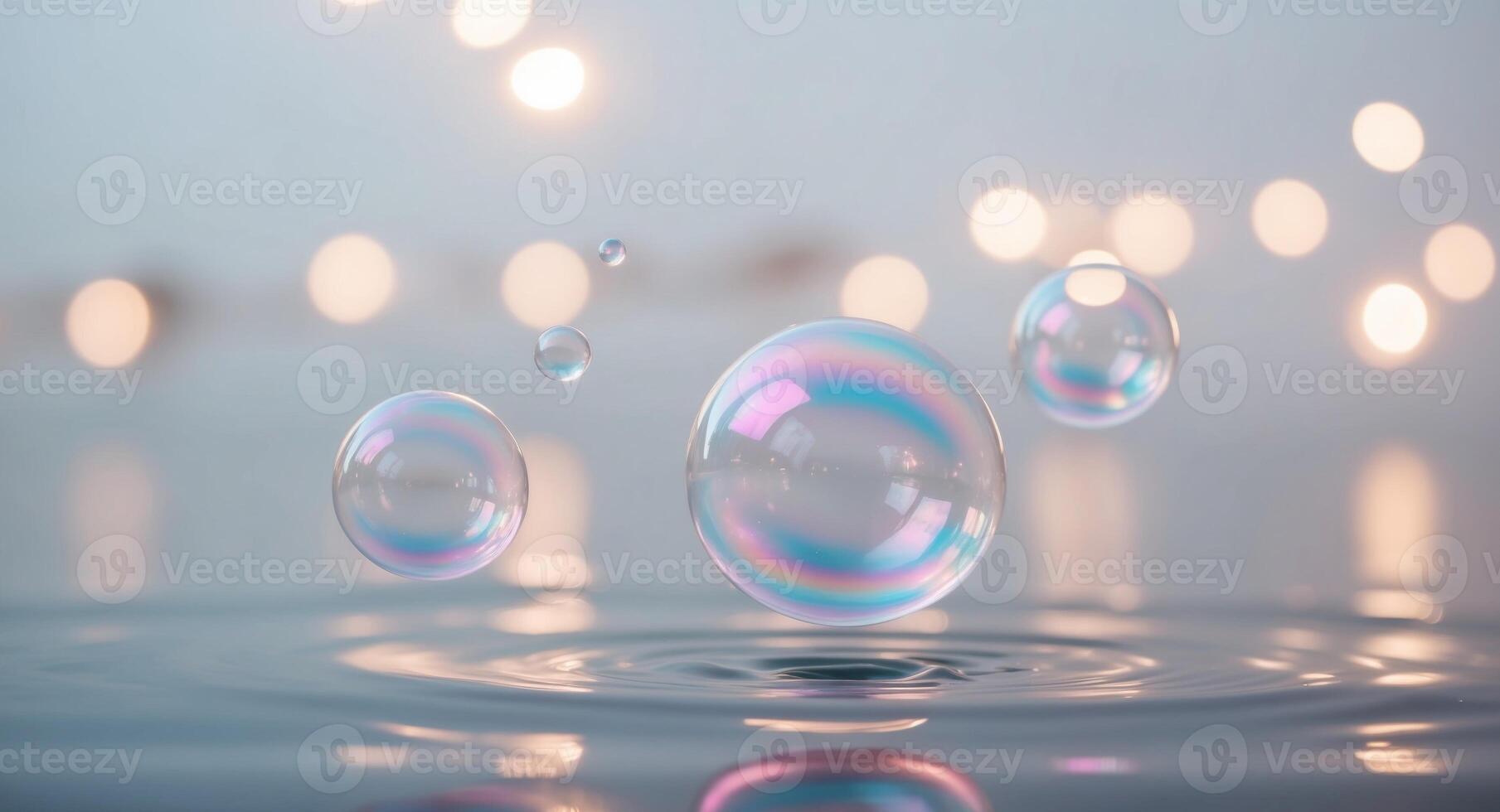 Bubbles floating in water with lights in the background photo