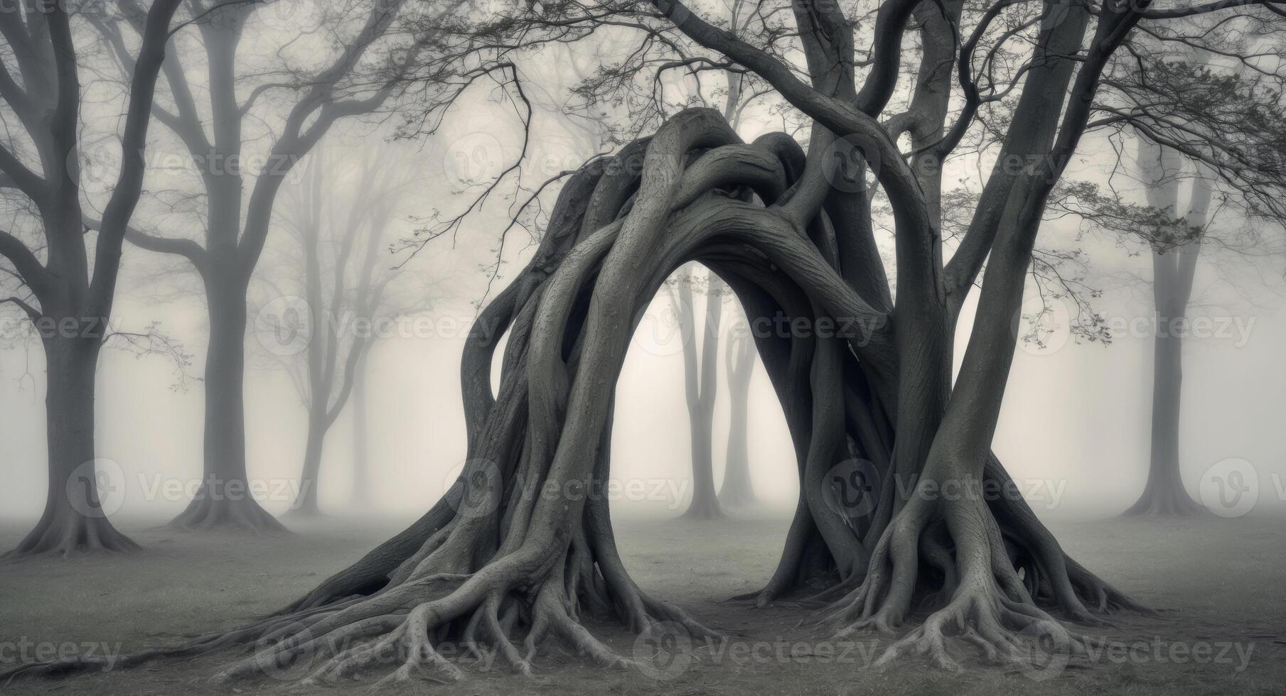 A tree with roots in the fog photo