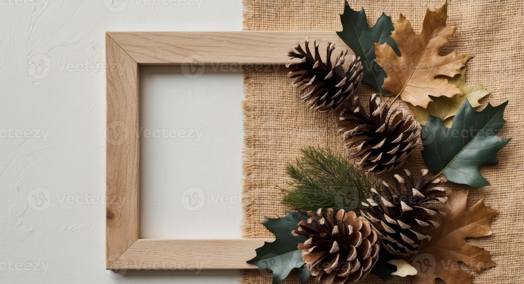Wooden frame with pine cones and leaves on a white background photo