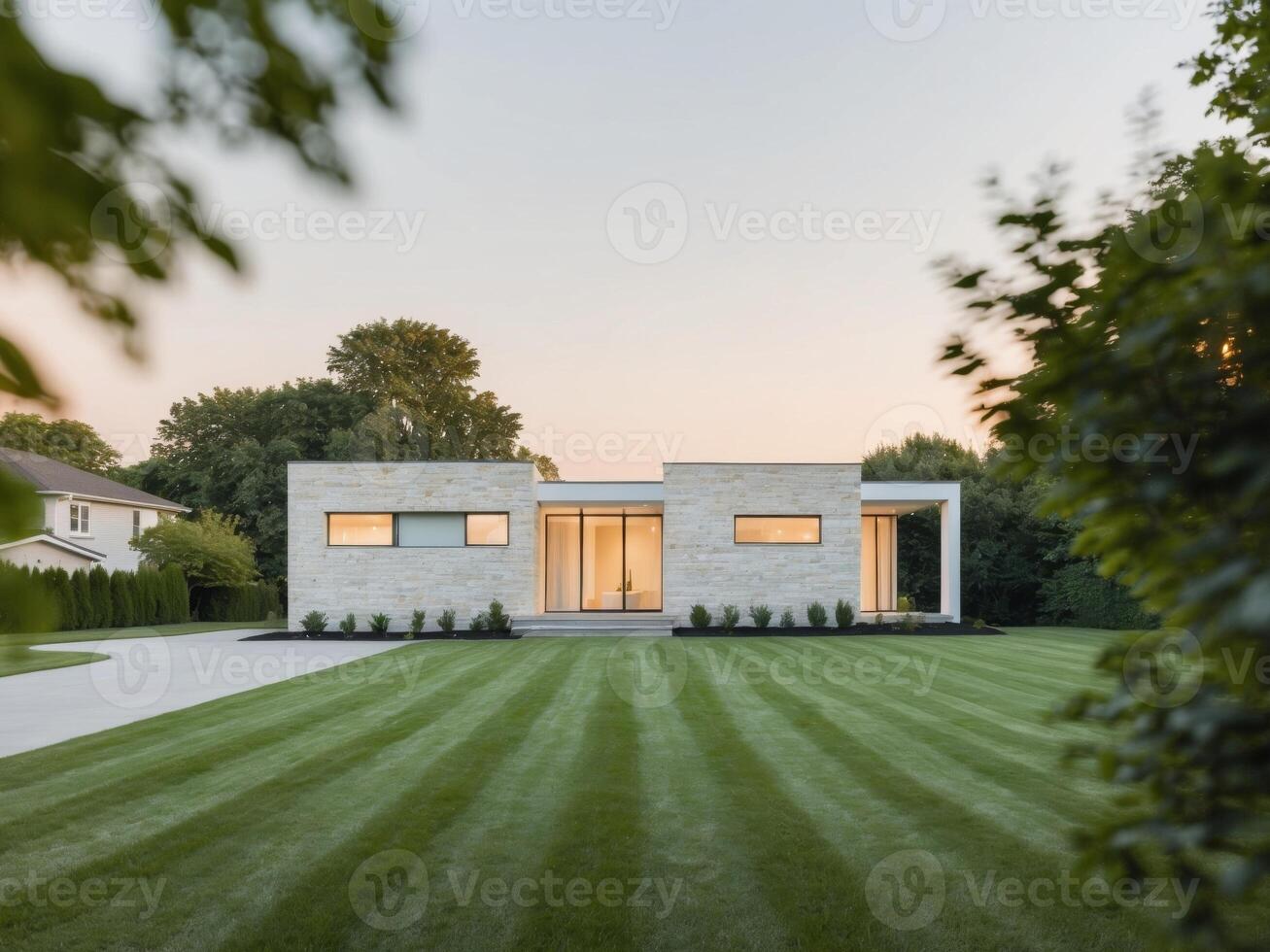 A modern home with a grassy lawn and trees photo