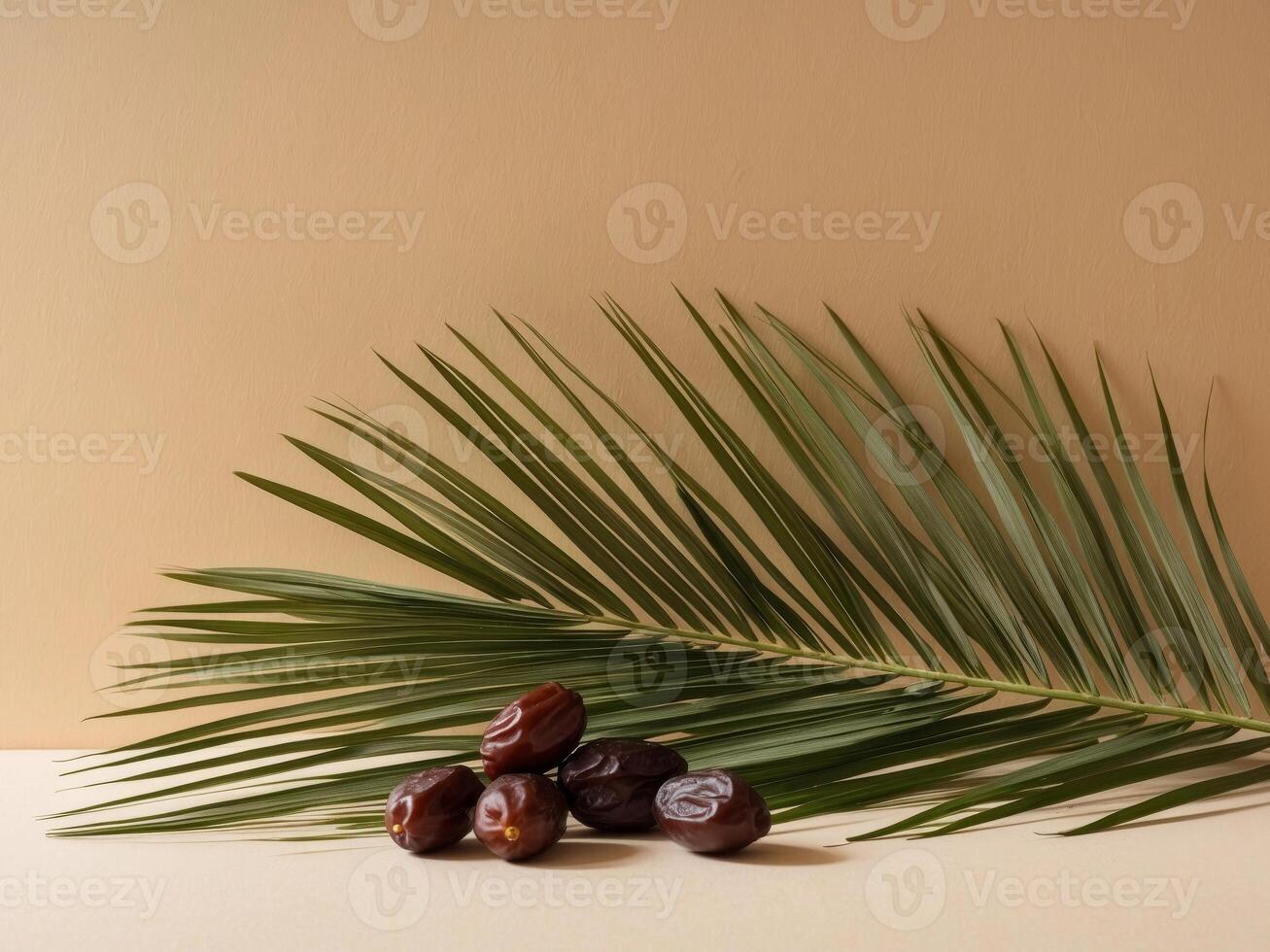 Dates and palm leaf on beige background photo