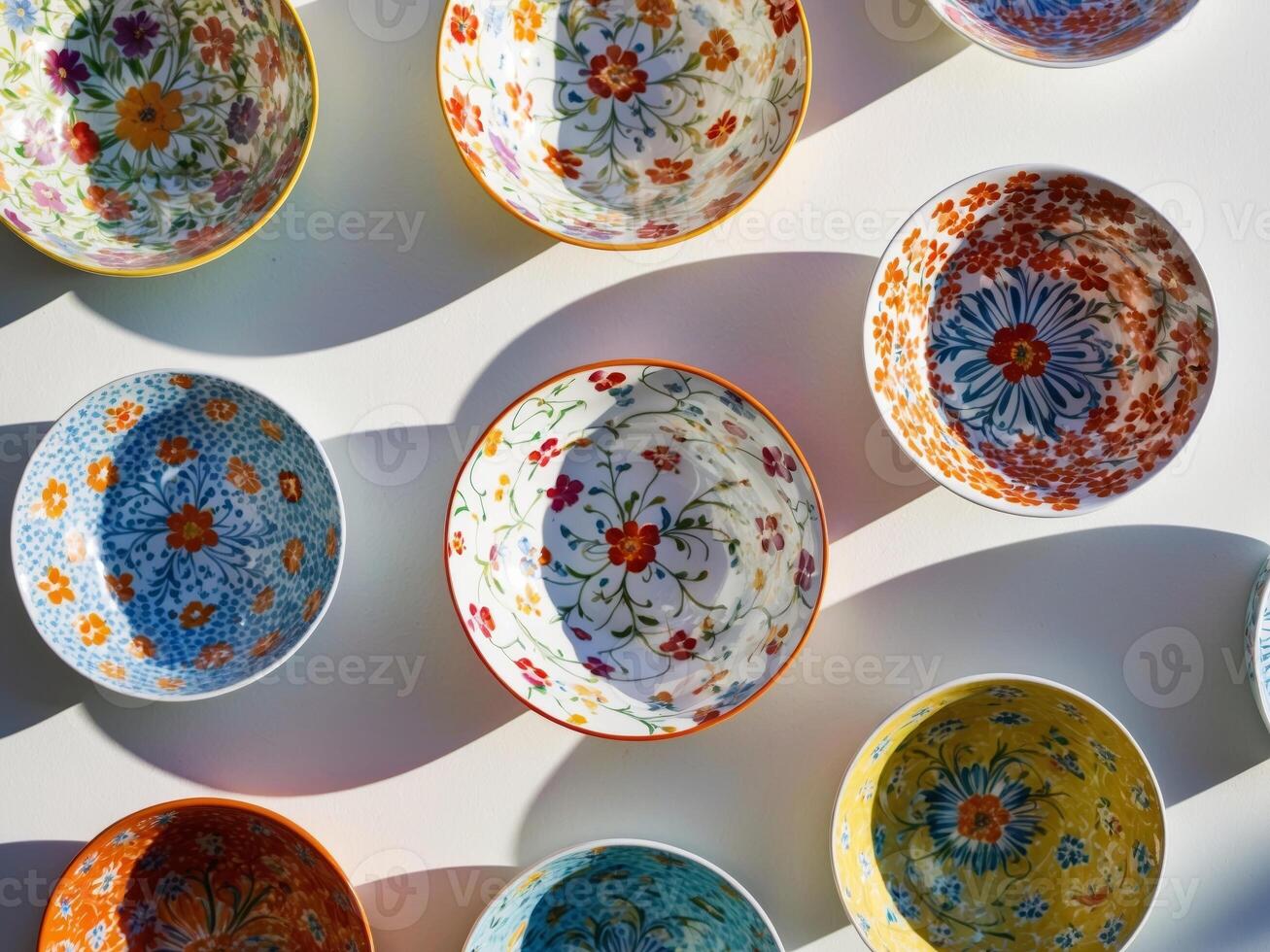 A collection of colorful bowls on a white surface photo