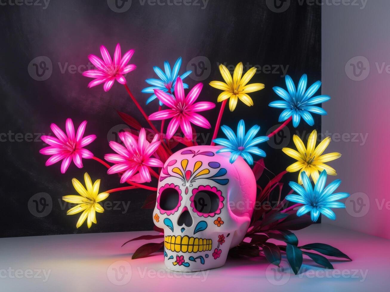 A colorful skull with flowers in front of a black background photo