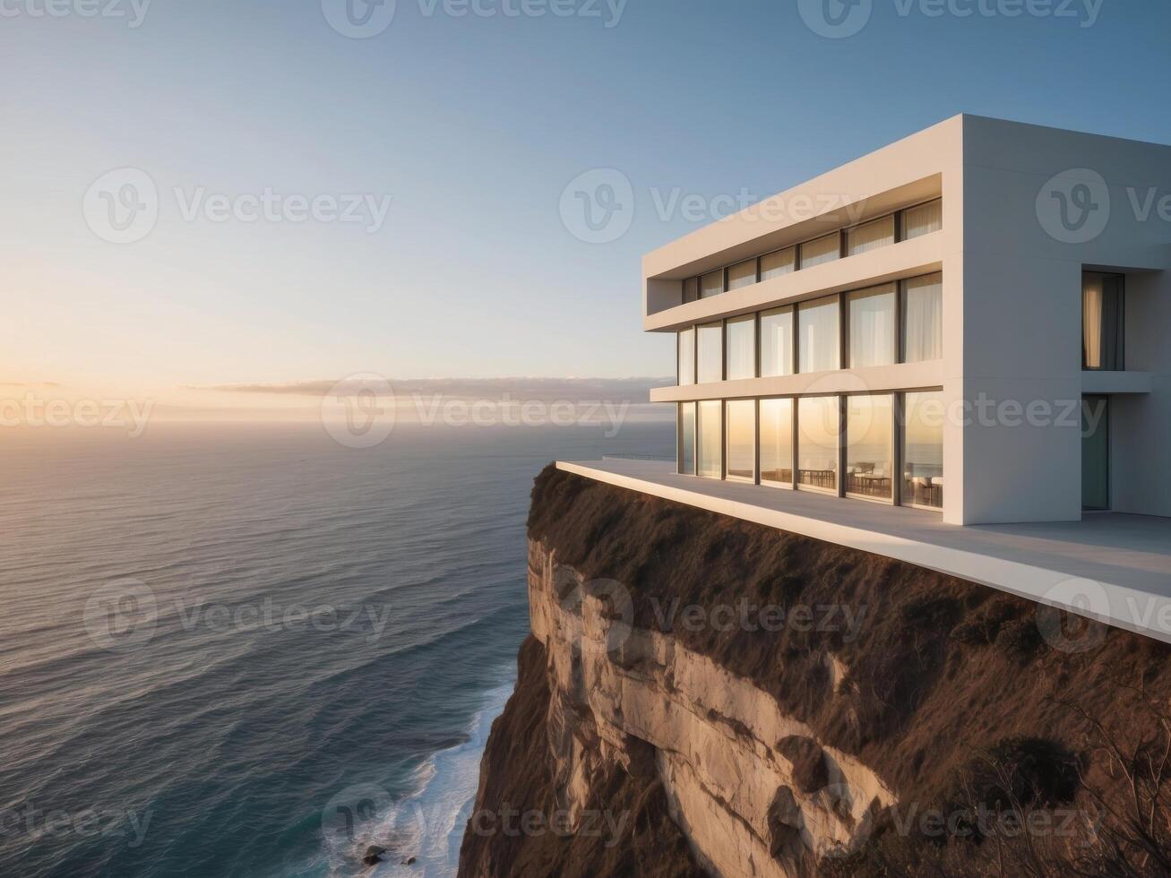 A modern house on the edge of a cliff overlooking the ocean photo