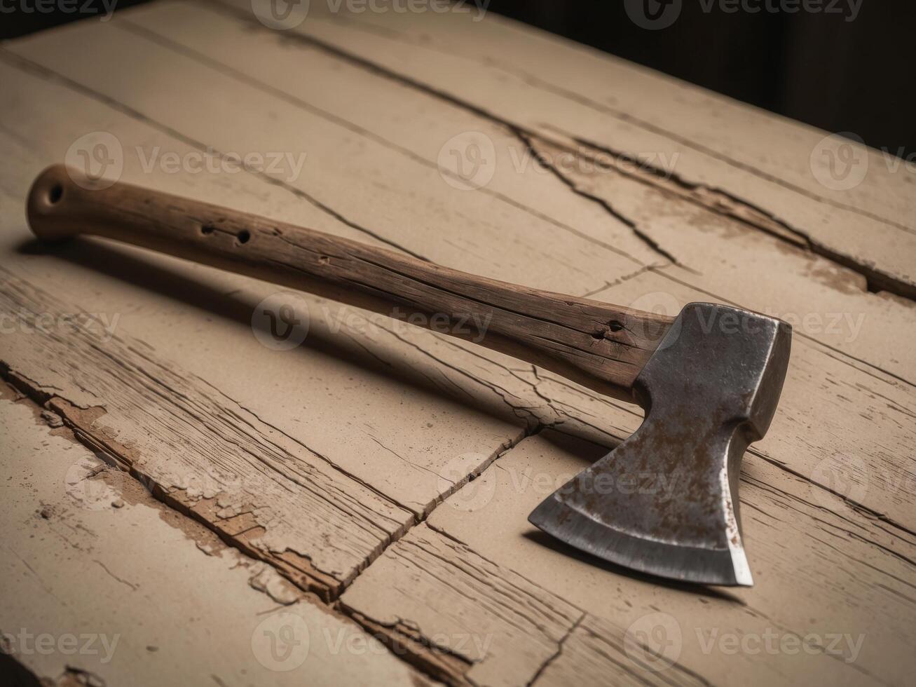 A close up of an axe on a wooden surface photo