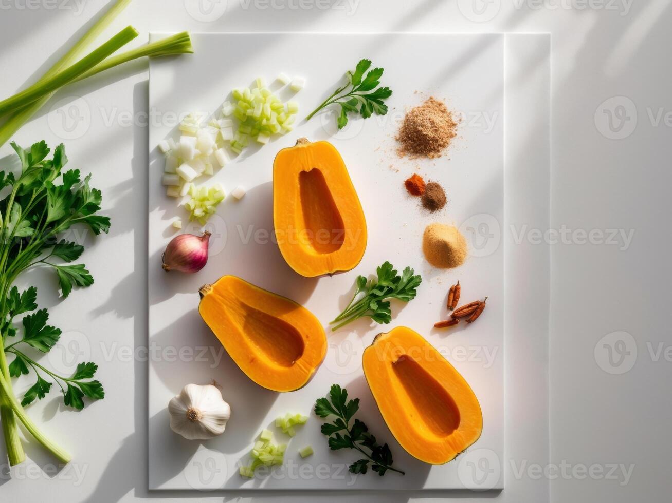Butternut squash, garlic, onion, parsley, and spices on a white cutting board photo