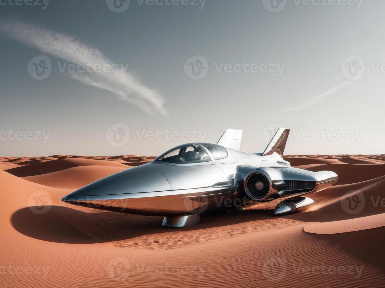 A silver jet sitting in the desert with sand dunes photo