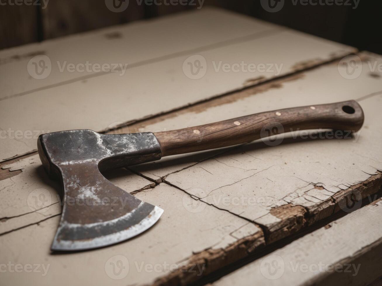 A rusty axe sitting on a wooden table photo