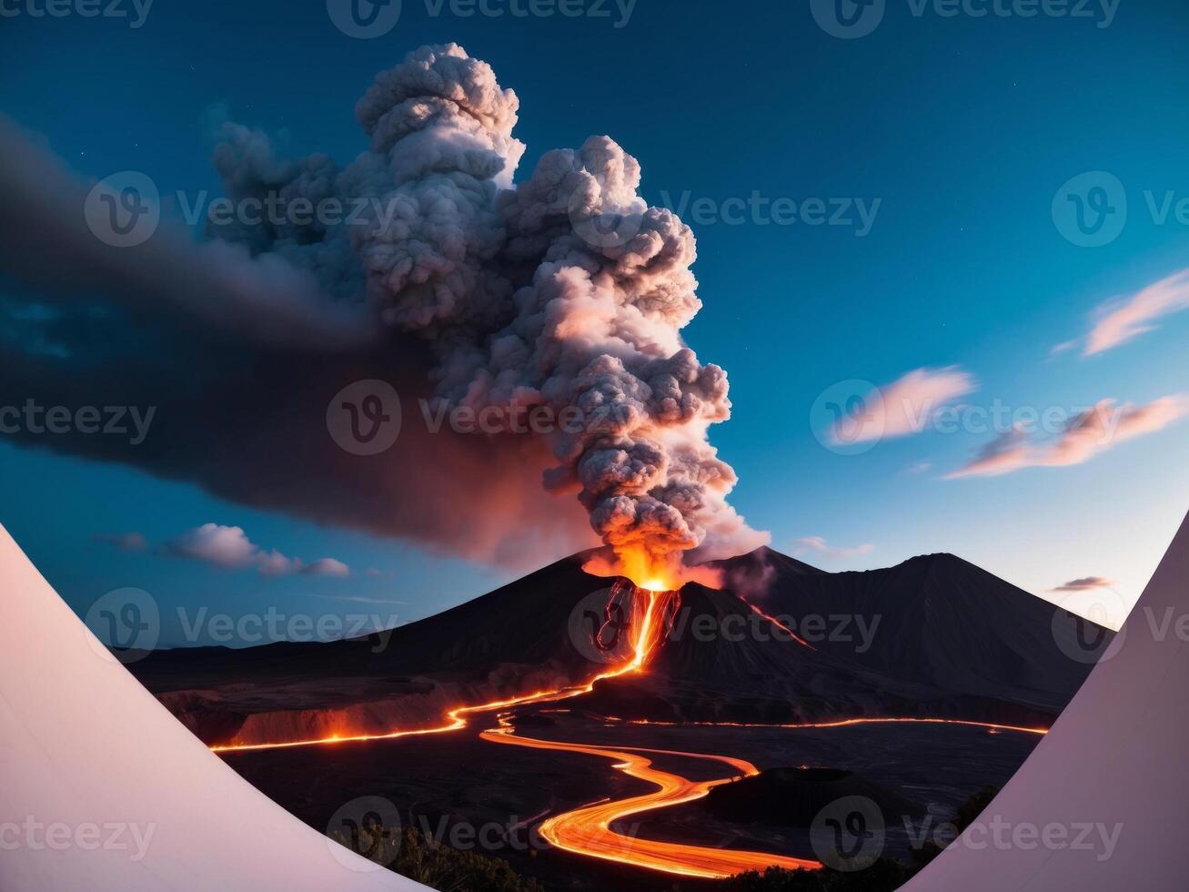 A volcano is seen with a stream of lava coming out of it photo