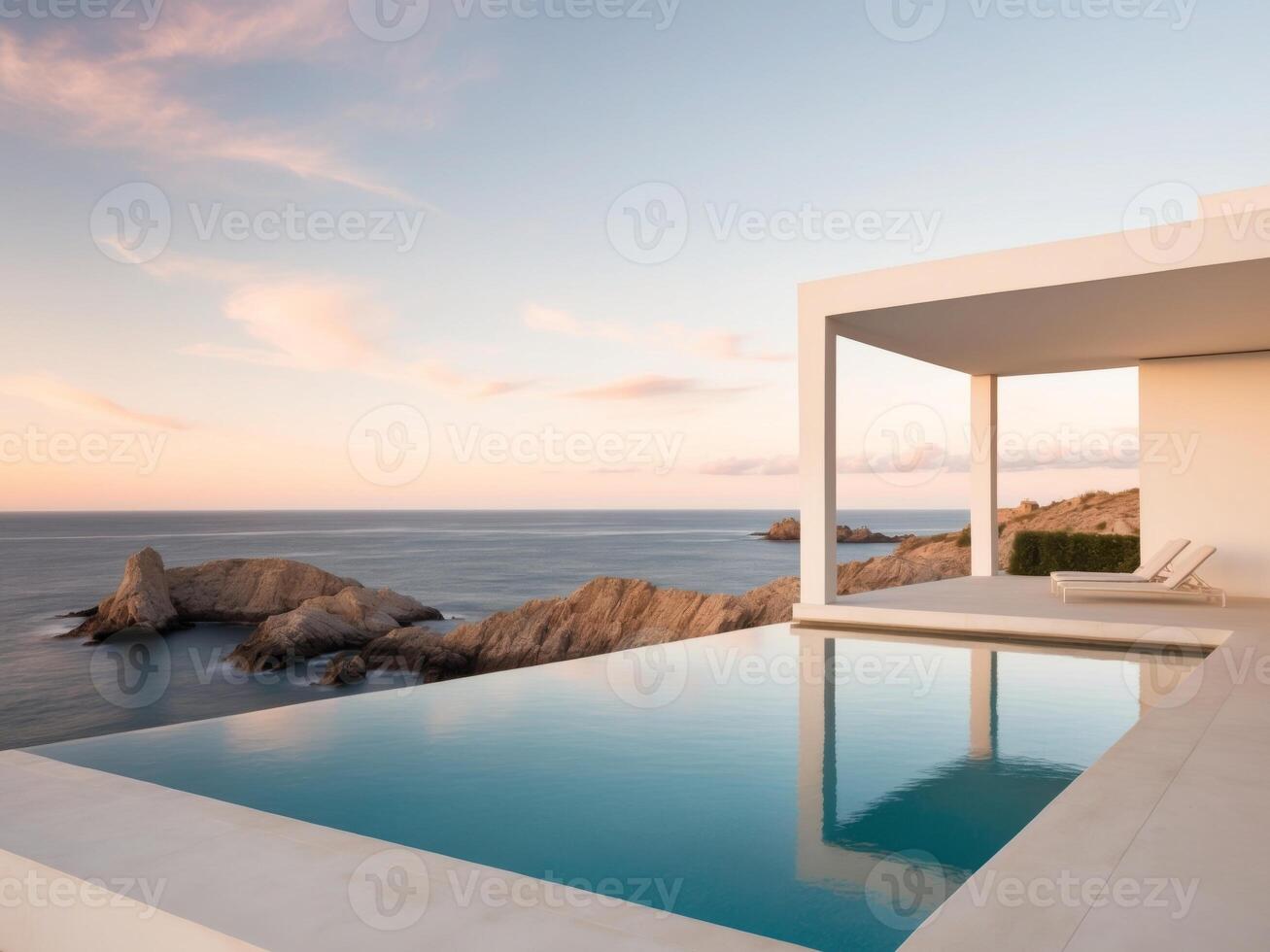 A modern house with a pool overlooking the ocean photo