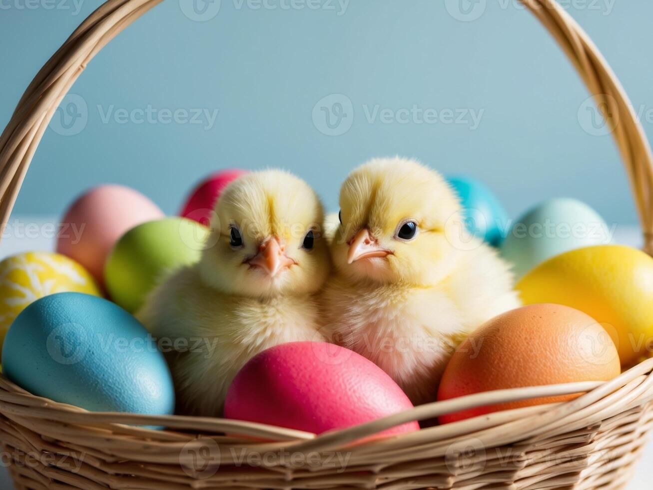 Two little chicks in a basket with colorful eggs photo