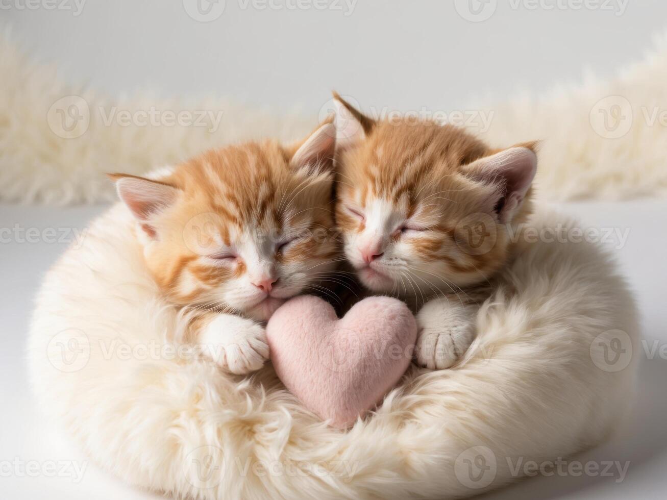 Two kittens are sleeping in a bed with a heart photo