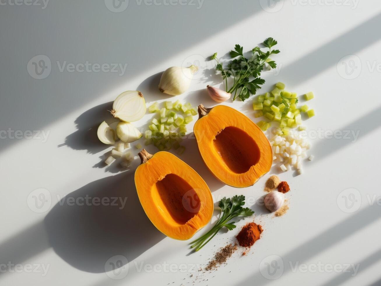 Pumpkin, garlic, onion, and other ingredients on a white surface photo