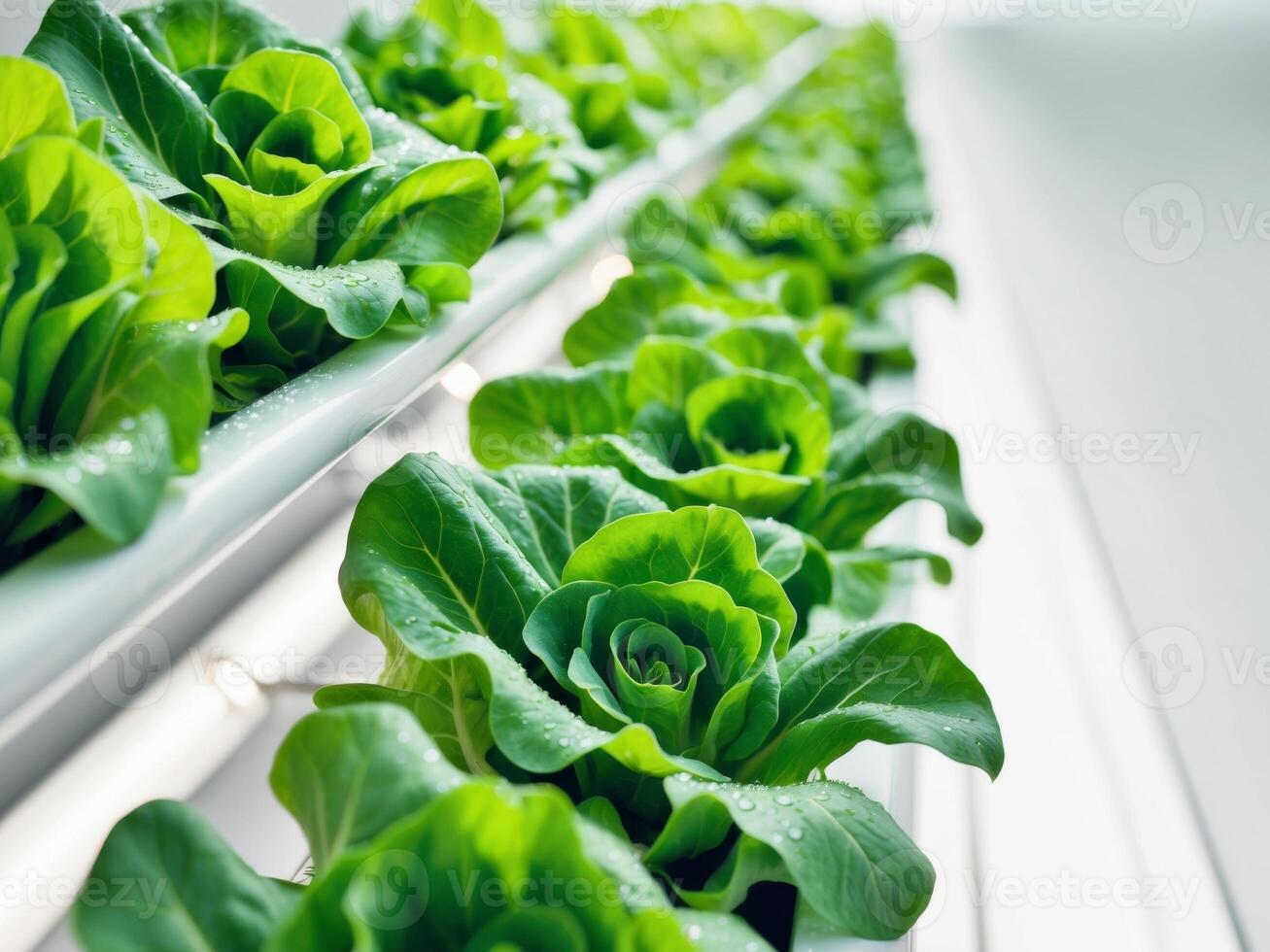 A row of lettuce plants growing in a vertical garden photo