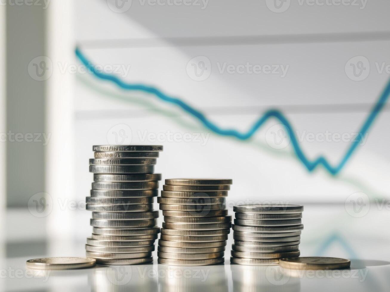 Coins and graph on a table with a stock chart photo