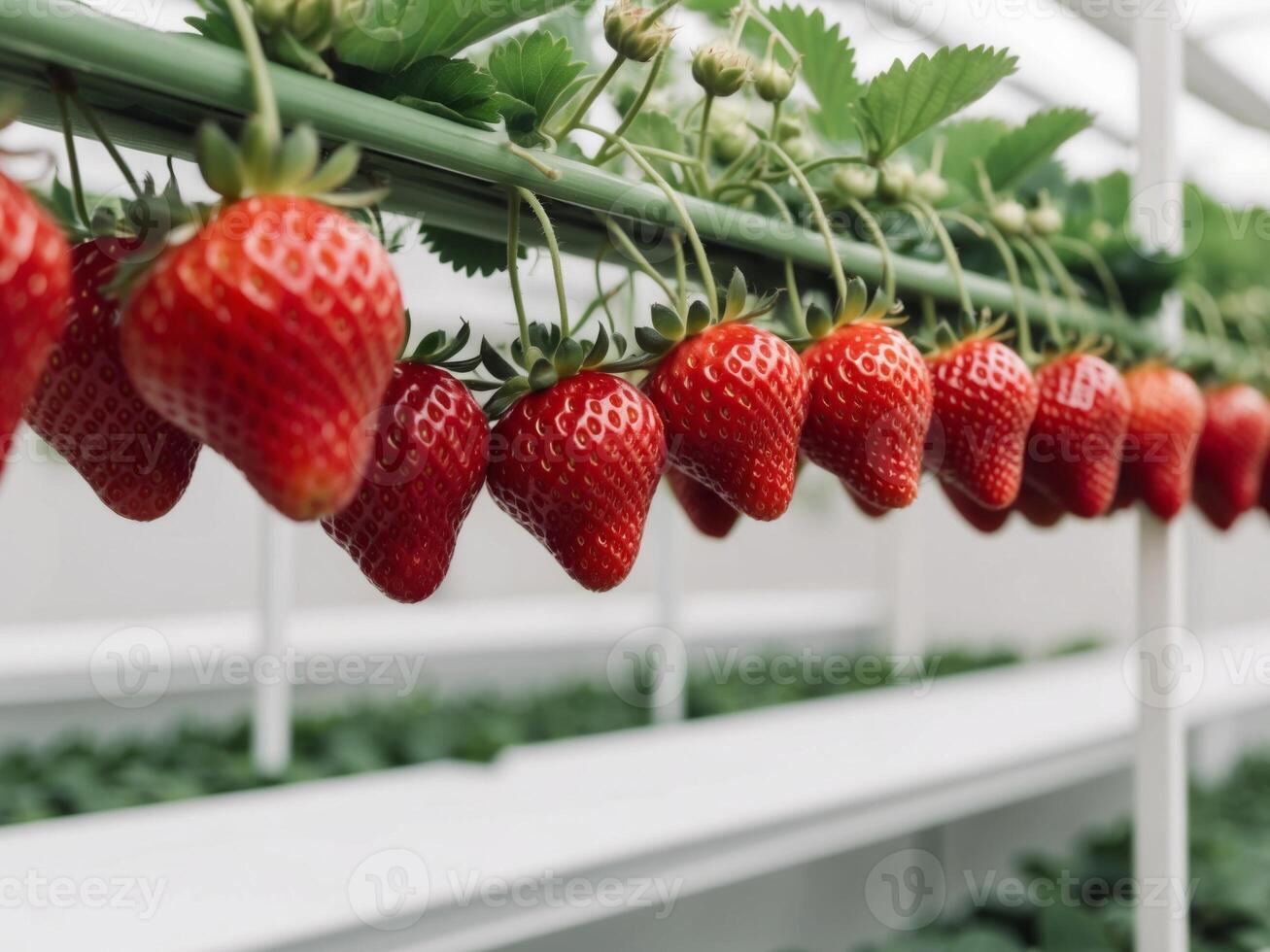 A row of strawberries hanging from a plant photo
