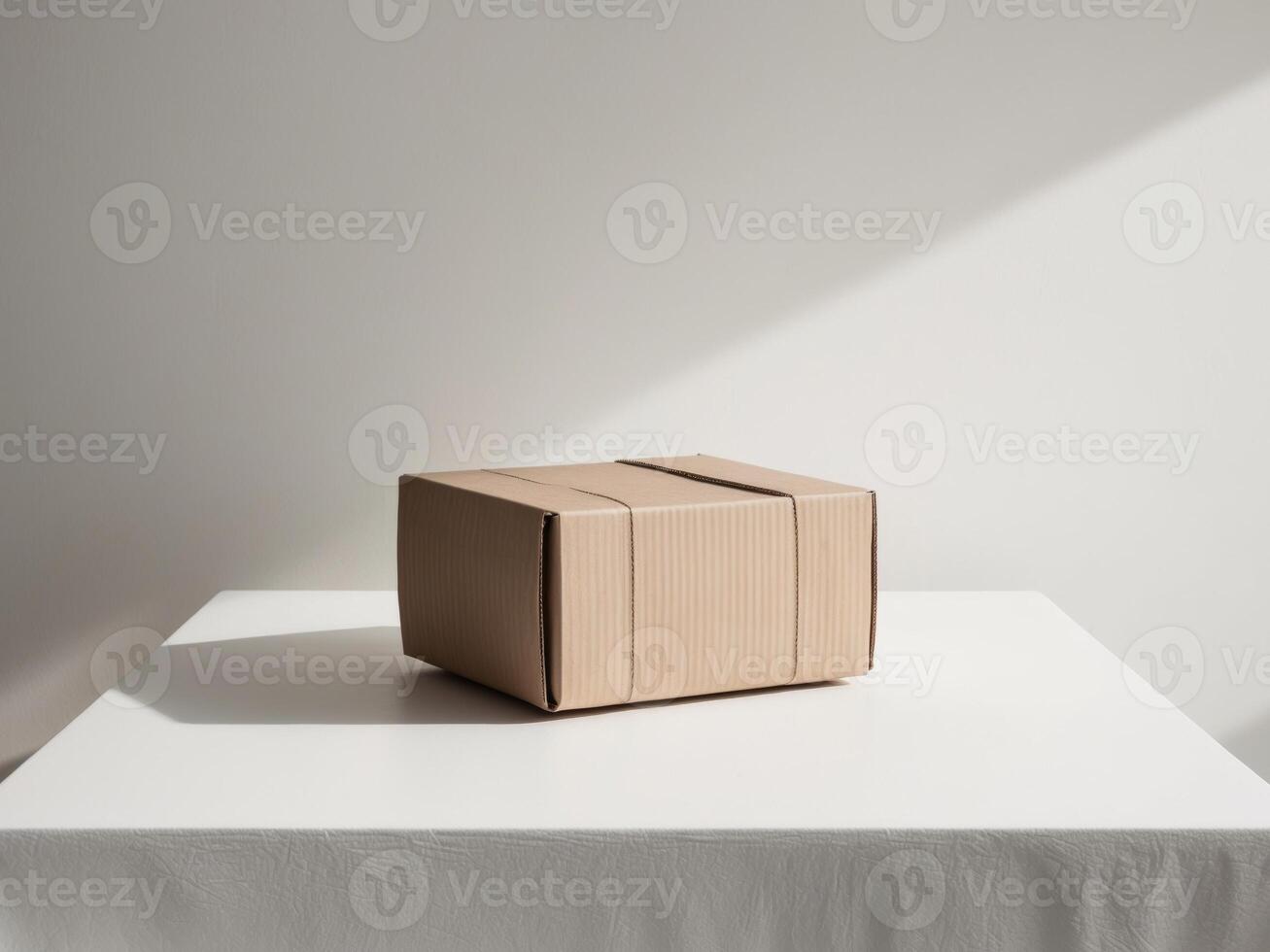 A cardboard box sitting on a table in front of a window photo