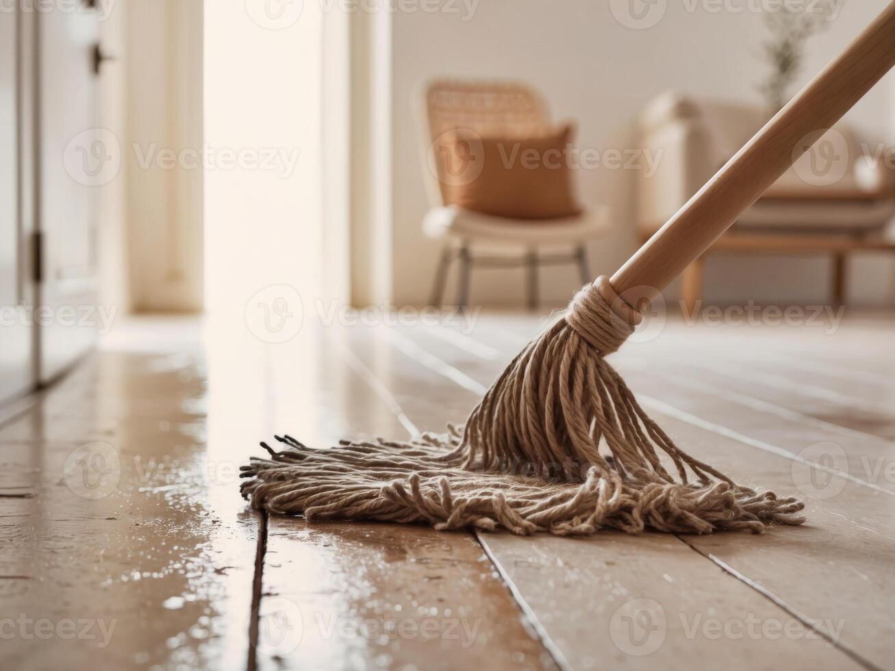 A mop is cleaning a wooden floor photo