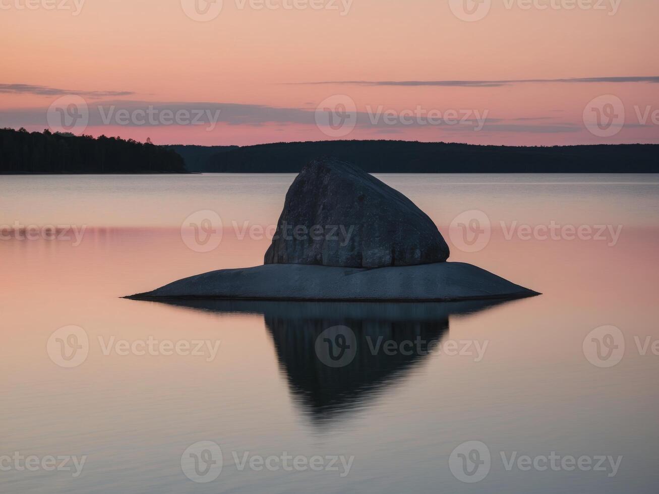 A rock sits in the middle of a lake at sunset photo